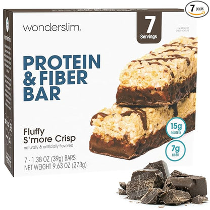 Wonderslim High Fiber Protein Bars, Fluffy S'more Crisp | 15g Protein, 8g Fiber | Low Sugar, Low Carb | Healthy Indulgence | Satisfying, Supports Energy & On-the-Go Convenience, 7 Pack