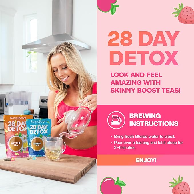 Skinny Boost Detox Tea Kit-Slimming Tea for Weight, Metabolism, Energy, Bloating & Colon Cleanse – Green Tea, Herbal, Vegan, Keto, Non-GMO, Sugar-Free-2 PACK –1 Daytime (28 Bags) + 1 Evening -(14 Bags)