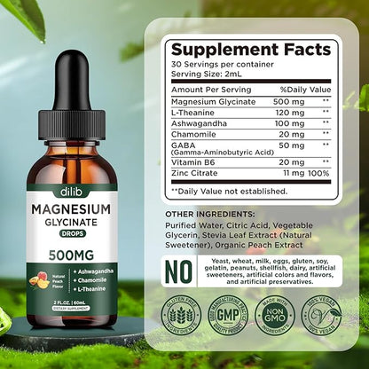 Magnesium Glycinate Liquid Drops Supplement, with Magnesium Glycinate 500mg Ashwagandha, L - Theanine, Chamomile -Support Stress Relief, Bone, Muscle, Mood Peach Flavor