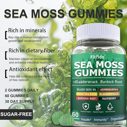 Irish Sea Moss 3000mg Gummies with Bladderwrack, Burdock Root & Manuka Honey - Immune, Thyroid & Detox Support - Seamoss Supplement, Extra Strength - Sugar Free & Vegan (60 Count, Raspberry)
