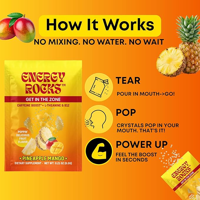 Caffeine Candy - Popping Energy Candy Crystals, 100mg Caffeine, L-Theanine & B12 - Fast Energy, No Drink Needed - Coffee Alternative 15-Pack (Pineapple Mango)
