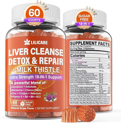 1Pack Milk Thistle Liver Detox Gummies, 18-in-1 Liver Cleanse Detox & Repair Supplement with Berberine, Chicory Root, Turmeric, Artichoke, Dandelion Root, Chanca Piedra, Vitamins B6 B12 - Sugar Free