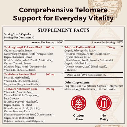 Telomere Lengthening Supplements – Organic Astragalus, Gotu Kola, Vitamin D3, Folate, L-Theanine – Anti-Aging, DNA Repair, Immune & Cellular – 60 Vegan Capsules, Made in Japan (2 Bottle)