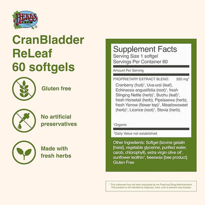 Herbs Etc. CranBladder ReLeaf Softgels - Bladder Health Support - Natural Supplement Formula to Aid Urinary Health & Comfort - Optimal Urinary Support with Cranberry - 60 Softgels (60 Servings)