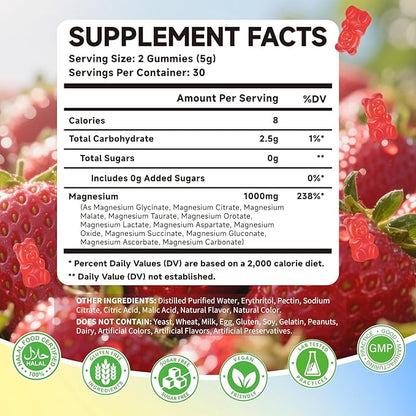Magnesium Complex Gummies 1000mg | 12-in-1 Magnesium Complex Supplement with Glycinate, Citrate, Malate & Taurate Supports Muscle Function, Bone Health, Rest & Relaxation – Strawberry, 120 Count