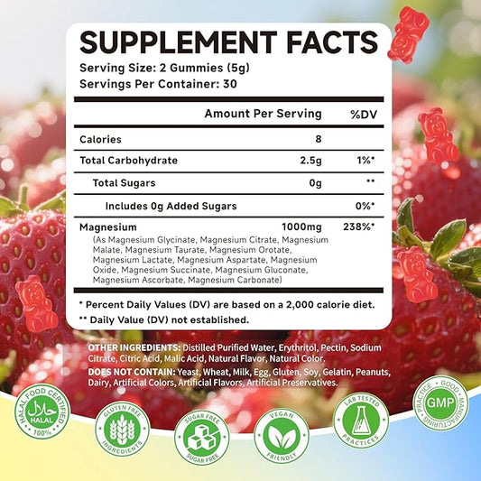 Magnesium Complex Gummies 1000mg | 12-in-1 Magnesium Complex Supplement with Glycinate, Citrate, Malate & Taurate Supports Muscle Function, Bone Health, Rest & Relaxation – Strawberry, 120 Count