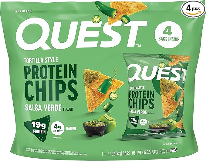 Quest Nutrition Tortilla Style Protein Chips, Salsa Verde, 19g of Protein, 4g Net Carbs, Gluten Free, 1.1 Ounce, 4 count