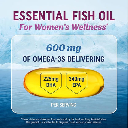 Fish Oil Omega 3 Supplements for Women | DHA + EPA | Heart Health, Hormone Balance, Skin & Wellness Support | 600MG Omega3 + 800MG Evening Primrose Oil | Omega 3 Supplement for Women | 120 Ct.