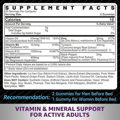 Zinc and Magnesium Supplement, Zinc Magnesium Aspartate Post Workout Gummies for Men Women, with Vitamin B6, B12, D3, Turmeric for Nighttime Recovery, Reduce Fatigue, Boost Immunity & Sleep, 60 Count