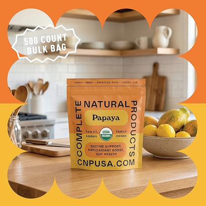 Complete Natural Products Papaya Enzyme Capsules 500mg - Organic Enzymes for Digestion with Papain, Vegan Non GMO Herbal Supplement Made USA, Fast Absorbing Digestive Support - 500 Capsules