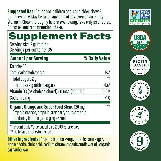 MegaFood Vitamin D3 Gummies 2000 IU (50 mcg) - Vitamin D Gummies Mixed Fruit Flavor, Bone, Muscle & Immune Support Supplement, Vegetarian, Gluten-Free, USDA Organic – 70 Gummies, 35 Servings