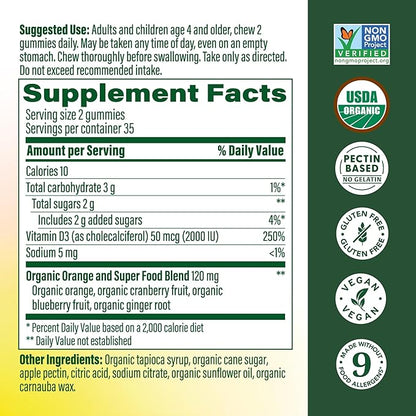 MegaFood Vitamin D3 Gummies 2000 IU (50 mcg) - Vitamin D Gummies Mixed Fruit Flavor, Bone, Muscle & Immune Support Supplement, Vegetarian, Gluten-Free, USDA Organic – 70 Gummies, 35 Servings