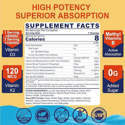 Vitamin D3 5000IU + K2 (MK-7) 120mcg, Sugar-Free Vitamin D3 K2 Filled Gummies with Vitamin B Complex - Methyl B12, B9, B6 | Vitamin E & Zinc, MCT Oil - Supports Bone & Teeth Strength, Immune, 1PACK