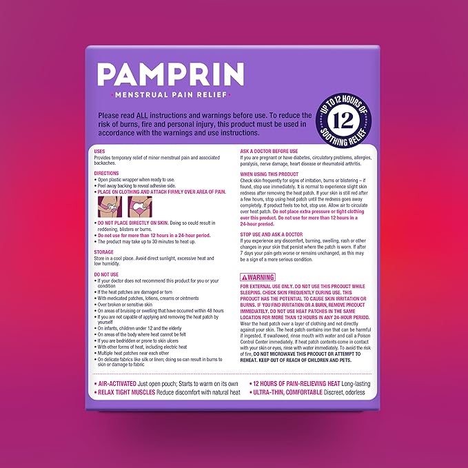 Pamprin Heat Relief Menstrual Patches for Portable Menstrual Pain Relief of Cramps and backaches, 3 Count