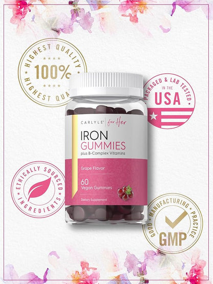 Carlyle Iron Gummies for Women | 60 Vegan Gummies | Plus B-Complex Vitamins | Grape Flavor | Non-GMO, Gluten Free Supplement
