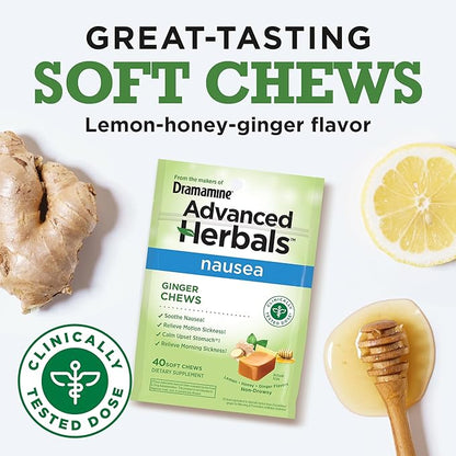 from The Makers of Dramamine, Advanced Herbals Ginger Chews for Nausea Relief, Morning Sickness Relief & Motion Sickness Relief During Travel, Lemon-Honey, 40 Count