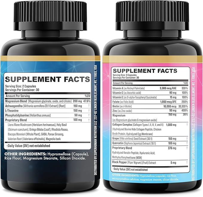Shining Serenity Set, Cortisol Support with Ashwagandha, L-Theanine, Magnesium, Lions Mane, GABA, Bacopa Monnieri, Collagen I, II, III, V, X, Folate, Biotin, Keratin, Hyaluronic Acid (2 Pack)