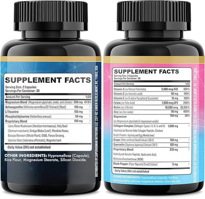 Shining Serenity Set, Cortisol Support with Ashwagandha, L-Theanine, Magnesium, Lions Mane, GABA, Bacopa Monnieri, Collagen I, II, III, V, X, Folate, Biotin, Keratin, Hyaluronic Acid (2 Pack)