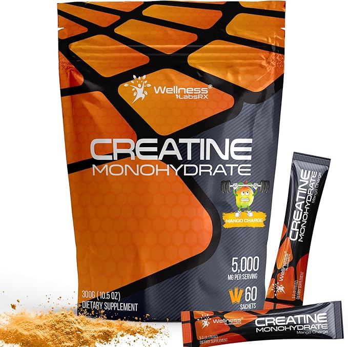 WELLNESS LABSRX Creatine Monohydrate Powder Sachets 300g – Mango Flavor Micronized Creatine Powder Supplement, Creatine for Women and Men, Supports Muscle Strength, Energy, Performance - 60 Servings