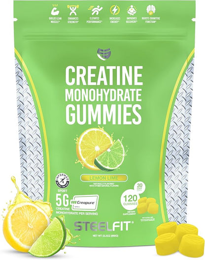 SteelFit Creapure Creatine Monohydrate Gummies for Men & Women, Lemon Lime - Gym Workout Nutritional Supplements for Muscle Gain, Brain Health & Strength Building Dietary Supplement, 120 Gummies