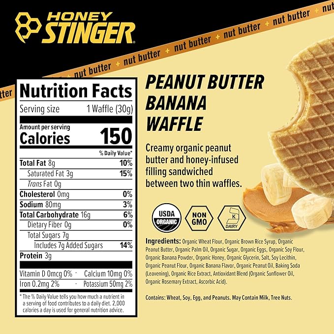 Honey Stinger Organic Peanut Butter Banana Waffle, Energy Stroopwafel for Exercise, Endurance & Performance, Sports Nutrition for Home & Gym, Pre & Post Workout, 16.96 Ounce (Pack of 16)