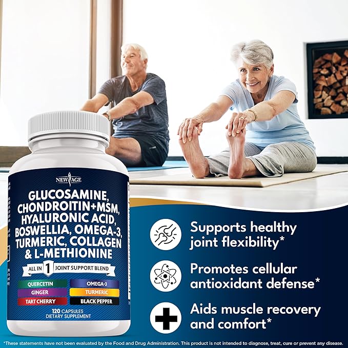 Glucosamine Chondroitin, MSM, Turmeric Curcumin, Collagen, Hyaluronic Acid, Omega 3 – Joint Health Supplement for Men & Women – 120 Count