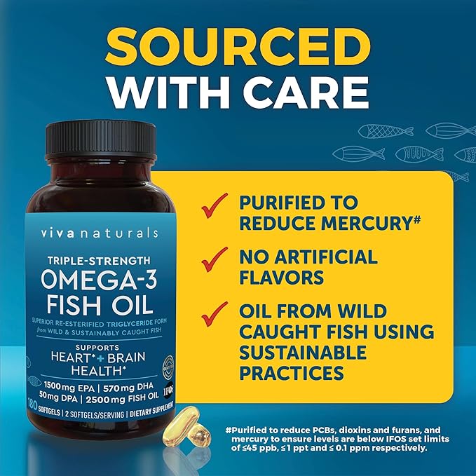 Triple Strength Fish Oil Omega 3 Supplements for Women and Men – 2500 mg High-Potency, Easy-to-Absorb Re-esterified Triglyceride Form, Pescatarian-Friendly DPA Omega 3 EPA DHA Supplement,180 Softgels