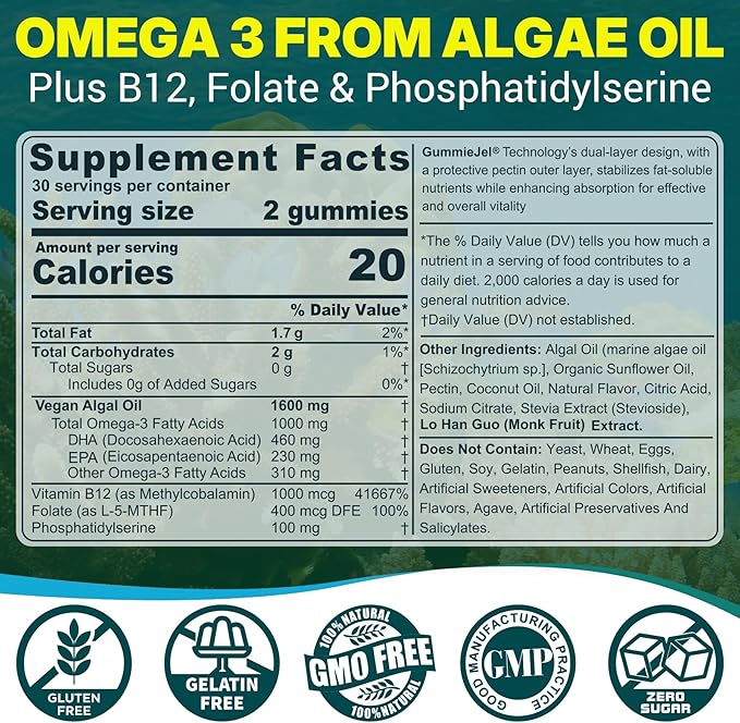 Vegan Omega-3 Gummies for Adults, Fish Oil Alternative from Algae Oil, Plant Based DHA 460mg & EPA 230mg Plus MethylFolate, Vitamin B12, Phosphatidylserine, No Fishy Taste, Vegan, Sugar Free, 60 Cts