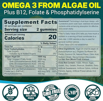 Vegan Omega-3 Gummies for Adults, Fish Oil Alternative from Algae Oil, Plant Based DHA 460mg & EPA 230mg Plus MethylFolate, Vitamin B12, Phosphatidylserine, No Fishy Taste, Vegan, Sugar Free, 60 Cts