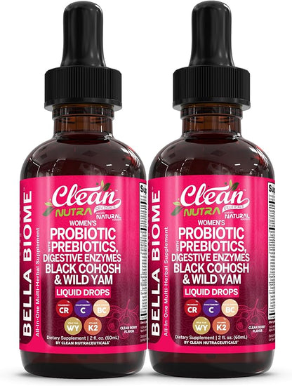 Liquid Probiotics for Women Drops with Chasteberry, Black Cohosh, Prebiotics, Digestive Enzymes, Evening Primrose Oil, Wild Yam, Cranberry Dmannose and Iron Vitamin D3 K2 Clean Nutra Bella Biotics (2)
