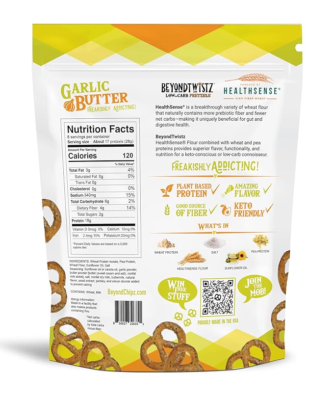 BeyondTwistz Low Carb Pretzels, Garlic Butter, Keto Friendly, 2g Net Carbs, 18g Protein, Powered By HealthSense® High Fiber Wheat Flour, Family Size 8oz Bag, Pack of 1
