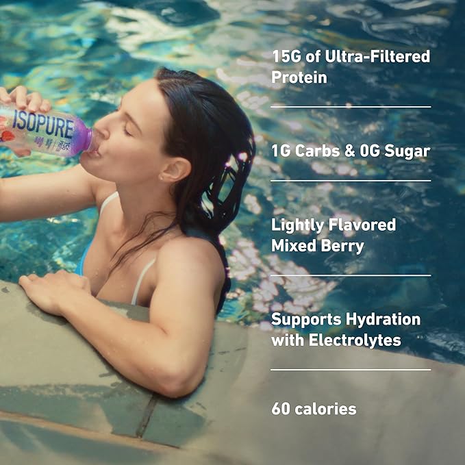 Isopure Clear Protein Water with Electrolytes, 15g Whey Protein Isolate, Zero Sugar, Mixed Berry, 20 fl oz Bottle, 1 Count