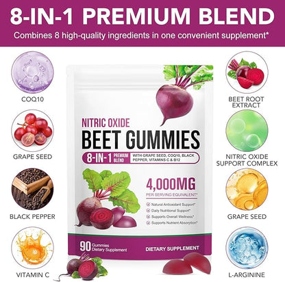 Beetroot Gummies, 90 Gummies 20:1 High-concentration Beetroot Extract Supplement with COQ10, Vitamin C, B12, Grape Seed Extract & Black Pepper, Boost Energy Levels, Supports Immune & Heart Health