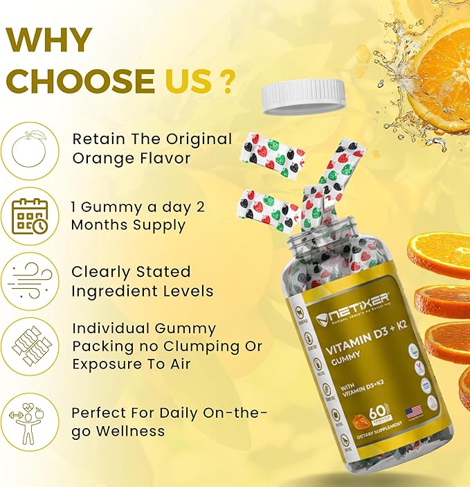 Vitamin D3 K2 Gummies for Adults – 60 Vegan Orange Gummies | 400 IU (10 mcg) D3 + 55 mcg Vitamin K2 MK-7 | Individually Wrapped, Gelatin-Free, Gluten-Free, Non-GMO | Halal Certified