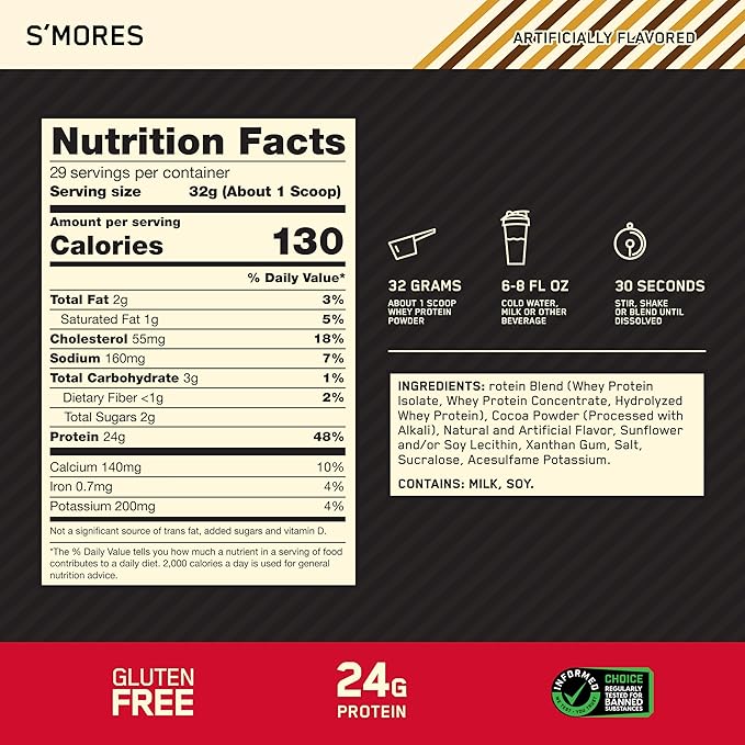 Optimum Nutrition New Flavor Gold Standard 100% Whey Protein Powder, S'Mores, 2 Pound (Pack of 1) (Packaging May Vary)