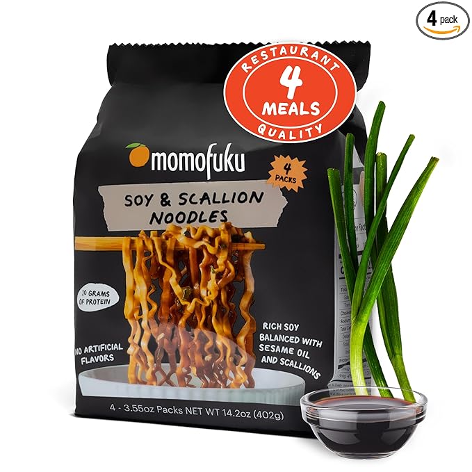 Momofuku Soy and Scallion Ramen Noodles by David Chang, 4 Pack of Restaurant Quality Air-Dried Instant Noodles Now with More Sauce & 10g of Protein