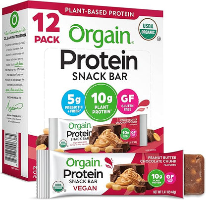 Orgain Organic Vegan Protein Bars, Peanut Butter Chocolate Chunk - 10g Plant Based Protein, Low Calorie Healthy Snacks, No Lactose or Soy Ingredients, Gluten Free, Non-GMO - 1.41 Oz (Pack of 12)
