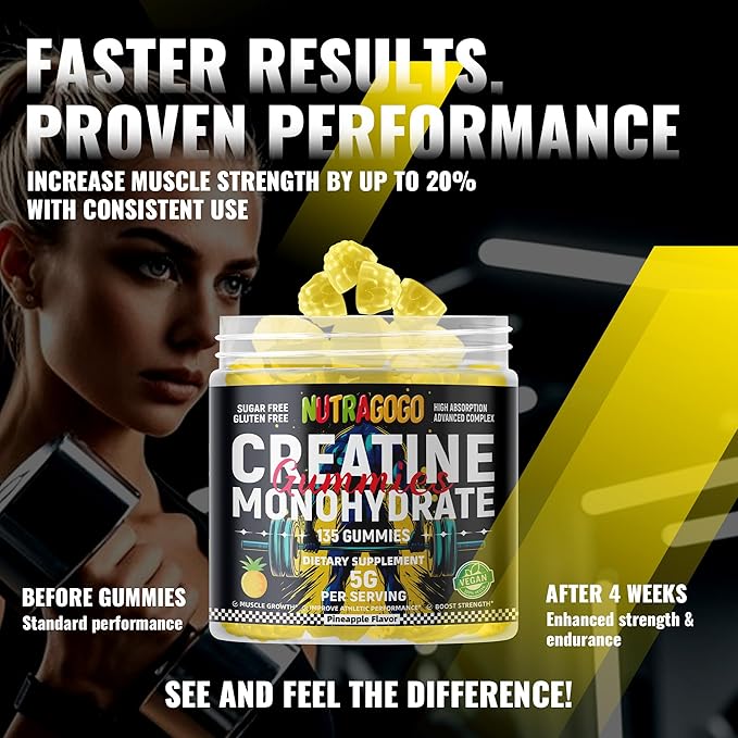 NSF Certified Creatine Gummy - Creatine Monohydrate Gummies for Men & Women-5g of Creatine Monohydrate per Serving - Sugar Free,Vegan, Pineapple Electrolyte Chews, 135 Count