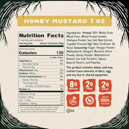 Kindling Protein Pretzels - Honey Mustard | Protein-Packed Snack Size Bags | Kosher | 8-9g Protein Per Serving | Only 1-2g of Total Sugar | No Artificial Flavors, Soy-Free | Lunches, Office Snacks, & On-the-Go | 16-Count (1.06oz Bags)