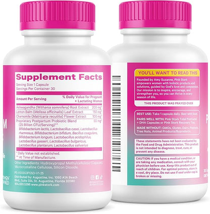 Pink Stork Probiotics for Postnatal Women - 30 Billion CFUS with Ashwagandha and Chamomile, Postpartum Essentials for Hormone Balance, Mood Support, Gut Health, Digestive Wellness, 30 Capsules