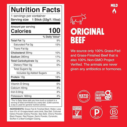 Chomps Grass-Fed and Finished Original Beef Jerky Snack Sticks 24-Pack, Keto, Paleo, Whole30, 10g Protein, Gluten-Free