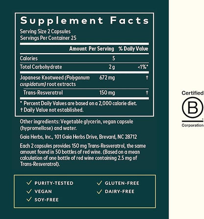 Gaia Herbs Resveratrol - Beauty & Radiance Antioxidant Support Supplement* - Made with Japanese Knotweed - Contains 150 mg Trans-Resveratrol per Serving - 50 Liquid Phyto-Capsules (25 Servings)