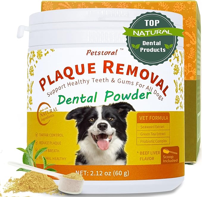 Natural Dog Dental & Supplement Powder, Plaque & Tartar Control with Glucosamine, Omega-3, Probiotics & Vitamin E for Joint, Beef Liver Flavour, Digestion & Fresh Breath