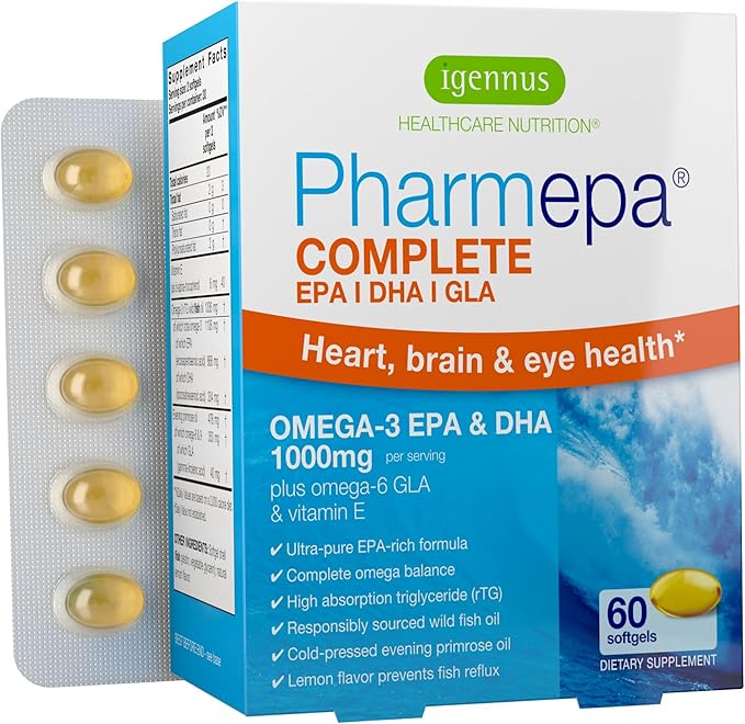 Igennus Pharmepa rtg Omega 3 EPA DHA Fatty Acids 1000mg, IFOS Certified, High Potency Wild Fish Oil with GLA Evening Primrose Oil, Lemon Flavor, 60 Softgels