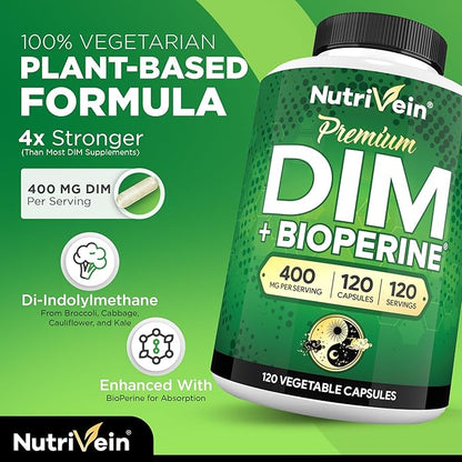 Nutrivein Premium DIM Supplement 400 mg Daily - 120 Servings (120 Capsules): Diindolylmethane for Women and Men - Plus Bioperine - Estrogen Supplement - Menopause and Middle Age Support
