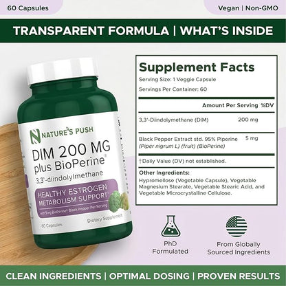 DIM 200mg Estrogen Balance for Women & Men Diindolylmethane Black Pepper for Non-cystic Acne, Hormone Balance, Menopause & Antioxidant Support Vegan Gluten Soy Free Non-GMO USA 2 month supply 60 caps