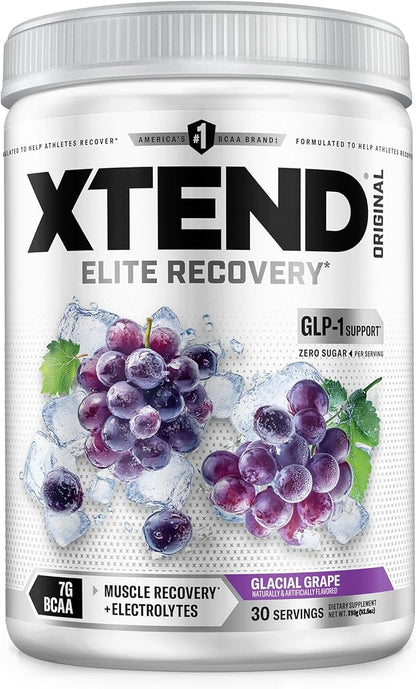 Xtend Original BCAA Powder, 7g BCAAs and 2.5g L-Glutamine for Muscle Recovery Hydration and Lean Muscle, Sugar Free Intra and Post Workout Drink with Electrolytes, Glacial Grape, 30 Servings