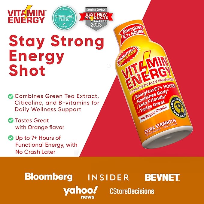 Vitamin Energy Immune+ Extra Strength Energy Shot Orange Burst 24 Pack, 260mg Natural Caffeine, B-Vitamins, Citicoline, Green Tea, Immunity & Focus Support, Zero Sugar, Gluten-Free 1.93 fl oz