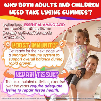 L-Lysine Gummies 500/1000mg with Algae Omega 3, Vitamin B2, D3, K2, C for Kids 9+, Teen & Adult, Lysine Supplement Support Immune, Lip & Oral, Collagen Production, Brain, Bone Health, Sugar Free 1Pack