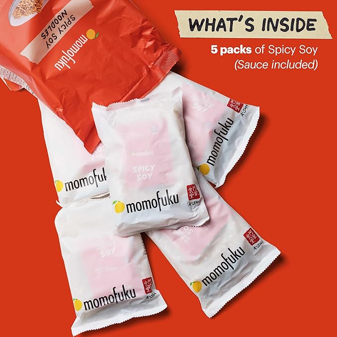 Momofuku Spicy Soy Ramen Noodles by David Chang, 5 Count (Pack of 1) Air-Dried Vegan Instant Noodles with Sauce